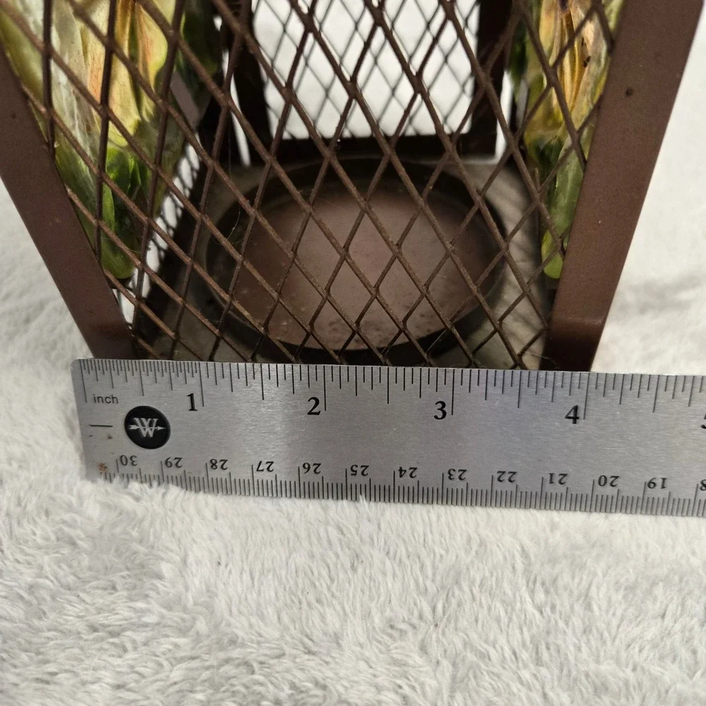 Copper Tone Metal Leaf Cutout Tea Light Lantern Painted Floral Glass Panels
